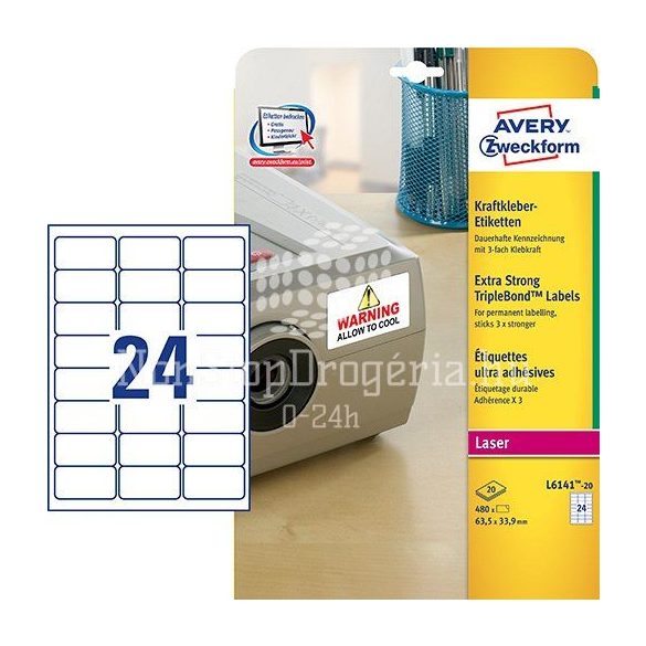 Avery Etikett címke speciális L6141-20 3x erősebb tapadás 63,5x33,9mm 20ív